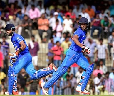 India 'A' team Skipper Unmukt Chand and Mayank Agarwal during a tri-series cricket match in Chennai. PTI photo