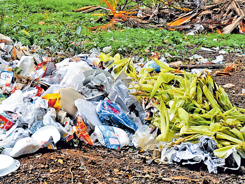 A heap of uncleared garbage lies at the Lalbagh Botanical Gardens during the Independence Day flower show. DH photo