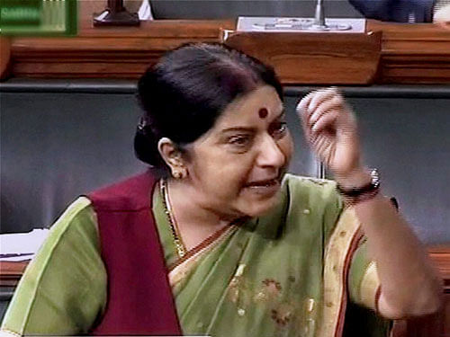 Minister of External Affairs, Sushma Swaraj speaks in the Lok Sabha. PTI
