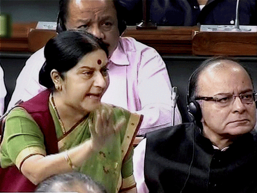 Minister of External Affairs, Sushma Swaraj speaks in the Lok Sabha in New Delhi on Wednesday. PTI Photo