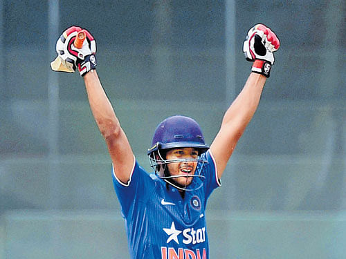 Mayank Agarwal celebrates his century against South Africa 'A' on Thursday. PTI