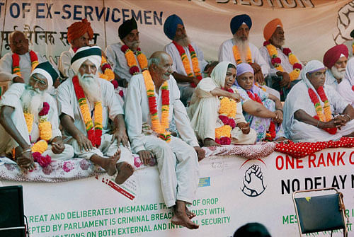 Ex-servicemen protesting for One Rank One Pension at Jantar Mantar in New Delhi on Wednesday.PTI Photo