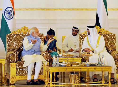 Prime Minister Narendra Modi with Crown Prince of Abu Dhabi, Sheikh Mohammed Bin Zayed al Nahyan in Abu Dhabi on Sunday. PTI Photo