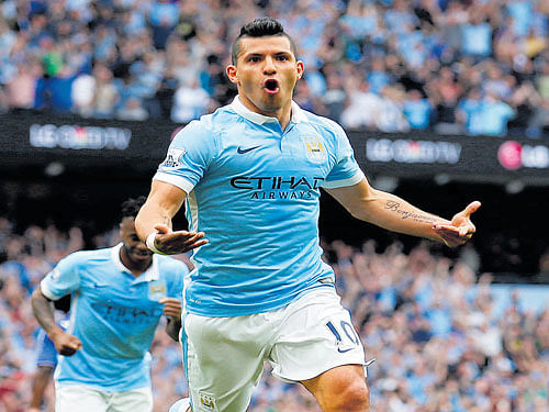off the mark! Manchester City's Sergio Aguero celebrates after scoring the opening goal against Chelsea. reuters