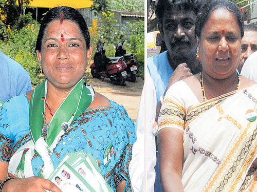 Jyothi Erachari, the JD(S) candidate from  Doddanekudi (ward 85); Manjula, Congress nominee from Adugodi (ward 147). DH Photo.