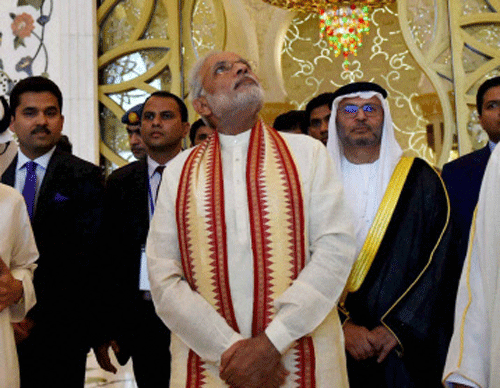 Prime Minister Narendra Modi at the Sheikh Zayed Grand Mosque on the first day of his two-day visit to the UAE, in Abu Dhabi, United Arab Emirates on Sunday. PTI Photo
