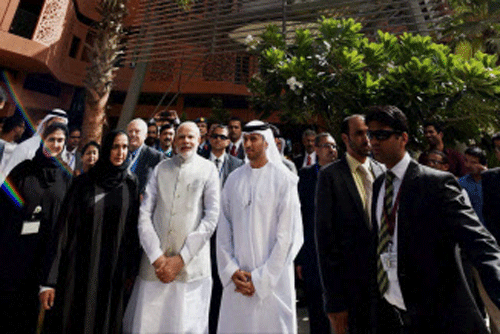 Prime Minister Narendra on his visit to Masdar city on the second day of his two-day visit to UAE, in Abu Dhabi, United Arab Emirates on Monday. PTI Photo