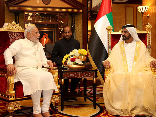Indian Prime Minister Narendra Modi meets with United Arab Emirates Prime Minister and Dubai Ruler Sheikh Mohammed bin Rashid al-Maktoum during his visit in Dubai. Reuters Photo