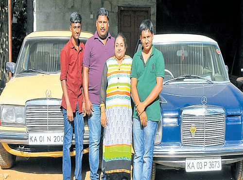 PROUD (From left) Ritesh, R Amarnath, Rajashri and Varun with the 1973 (yellow) and 1982 (blue) models of Mercedes. DH PHOTOS