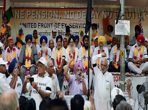 Ex-servicemen protesting for One Rank One Pension at Jantar Mantar in New Delhi on Tuesday. PTI Photo