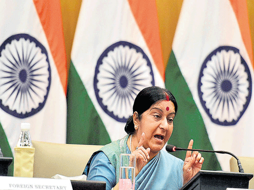 External Affairs Minister Sushma Swaraj gestures during a news conference in New Delhi on Saturday. PTI