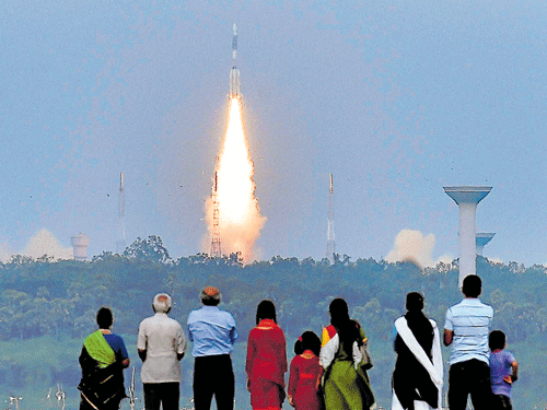 GSLV D6 carrying GSAT-6, lifts off from Satish Dhawan Space Centre in Sriharikota, Andhra Pradesh on Thursday. PTI