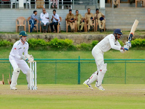 India-A team's Axar Patel bats against South Africa-A team during their test match at Krishnagiri Cricket Stadium in Wayanad on Thursday. PTI Photo