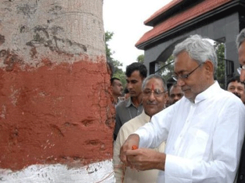 Nitish Kumar ties rakhi to a tree to create environmental awareness. Screen Grab