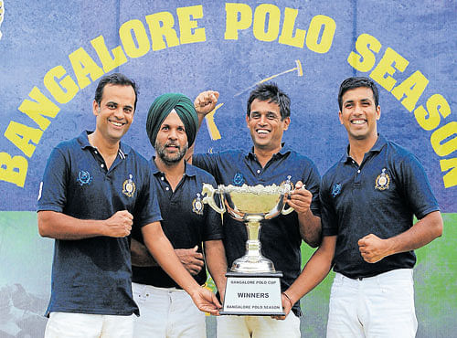 CHAMPS ASC-INEPC, winners of Bangalore Polo Cup in Bengaluru on Sunday. (From left) Cdr Akhil Sirohi, Col NS Khera, Cdr AP Singh, Maj Prithvi Singh on Sunday. DH PHOTO