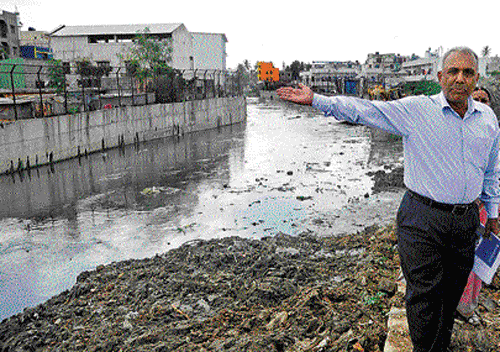 H C Ananthaswamy, BBMP chief engineer (SWD), points to a stormwater drain during an inspection on Monday. DH photo
