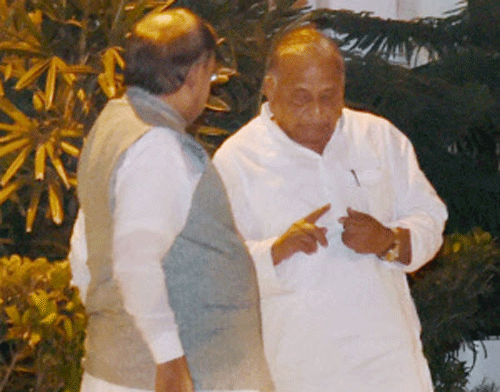 SP chief Mulayam Singh Yadav and JD-U President Sharad Yadav after a meeting on upcoming Bihar elections, at the former's residence in New Delhi on Thursday. PTI Photo