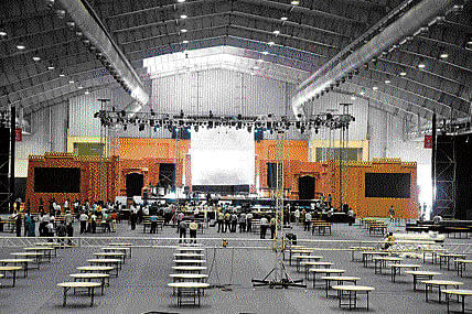 The Bangalore International Exhibition Centre on Tumakuru Road is being spruced up for the two-day travel mart of the Pacific Asia Travel Association, starting Sunday. dh photo