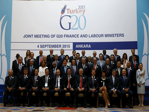Finance and labour ministers gather for a group photo of the G20 Joint Meeting of Finance and Labour Ministers in Ankara. Reuters Photo