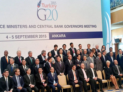 G20 Finance Ministers and Central Bank Governors at a group photo session during their meeting in Ankara, Turkey on Saturday. PTI Photo