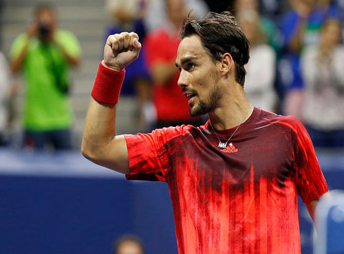 Fabio Fognini of Italy reacts after his match against Rafael Nadal of Spain (not pictured) on day five of the 2015 U.S. Open tennis tournament at USTA Billie Jean King National Tennis Center. Reuters