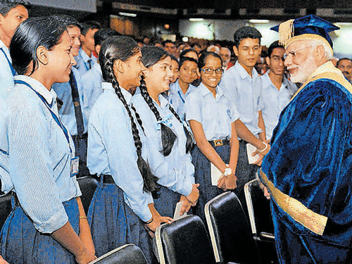 Prime Minister NarendraModi interacts with school students at the 34th Convocation CeremonyofPGIMER, Chandigarh, on Friday. PTI