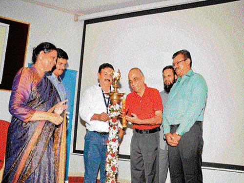 All India Institute of Speech and Hearing Director S R Savithri,  managing director of Skanray Technologies Vishwaprasad Alva, Chief Executive Office of Voice and Speech Systems  T V Ananthapadmanabha, Munir Mohammed of IEEE and others at the inauguration of a seminar on 'Communication Disability', in Mysuru, on Saturday. DH&#8200;photo
