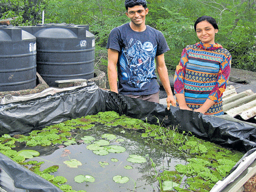 Vivek Mnayapu and Darshana Patra in front a pond made of junk. A sapling grown in  an eggshell