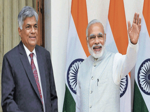 Camaraderie: Prime Minister Narendra Modi with his Sri Lankan counterpart Ranil  Wickremesinghe at Hyderabad House in New Delhi on Tuesday. PTI