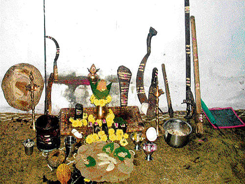 Household and agriculture equipments worshipped instead of Ganesha in the house of a farmer in Kadapalareddigaripalli village in Srinivaspur taluk.  (File photo)