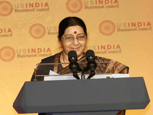 External Affairs Minister Sushma Swaraj speaks at 40th Gala event of US-INDIA Business Council in Washington DC on Monday. PTI Photo.