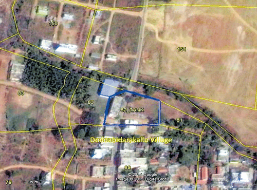 The satellite image of Dodda Bidarakallu lake in Survey Number 82 of Dodda Bidarakallu village under Yeshwantpur hobli of Bengaluru North taluk.