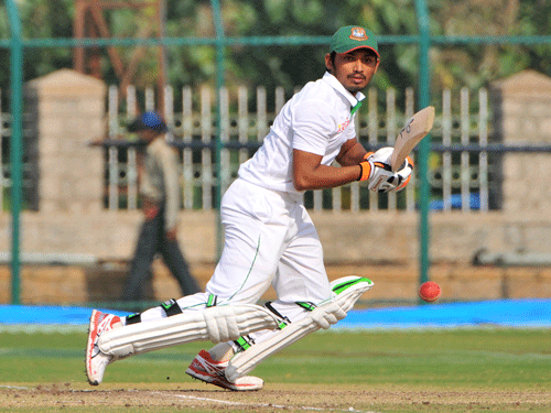 Anamul Haque Bijoy of Bangladesh A Team scored brisk 89 runs against Karnataka on day 2 in Three Day match at SDNR Wadiyar stadium in Mysuru. DH Photo.