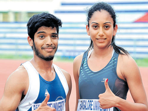 TRIUMPHANT: Vishal Kumar Jain (left) of St Joseph's College of Commerce (left) and Saujanya K G of Bishop Cotton Women's Christian College won the men's and women's 100M respectively in the 51st Bangalore University inter-collegiate athletics championship at the Sree Kanteerava Stadium in Bengaluru on Wednesday. dh photo