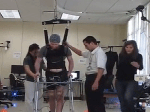 The preliminary proof-of-concept study shows that it is possible to use direct brain control to get a person's legs to walk again. Scree grab for representation.
