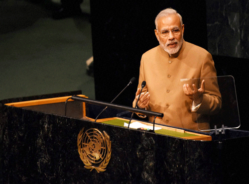 Prime Minister Narendra Modi addresses the 70th session of the United Nations General Assembly at UN headquarters in New York on Friday. PTI Photo