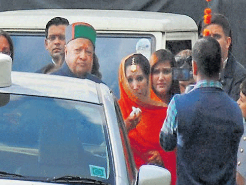 Virbhadra Singh during wedding event of his daughter Minakshi Singh in Shimla on Saturday. PTI