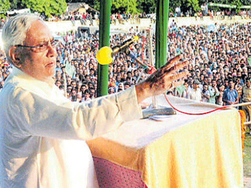Bihar Chief Minister Nitish Kumar addresses an election rally in Sheikhpura on Tuesday. PTI