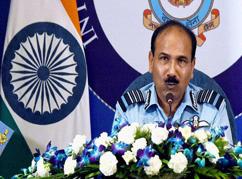 Chief of Indian Air Force (IAF), Air Chief Marshal Arup Raha addresses a press conference in New Delhi on Saturday. PTI Photo