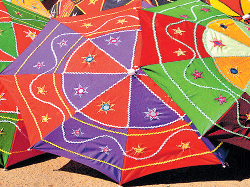 hued Pipli craft on an umbrella. Photo by Dilip Banerjee