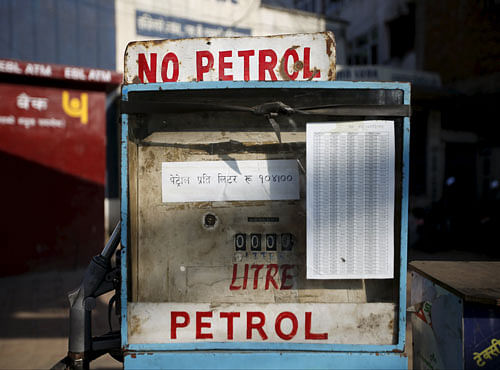 Sign reading 'no petrol' is pictured at a petrol pump as fuel crisis continues in Kathmandu, Nepal. Reuters