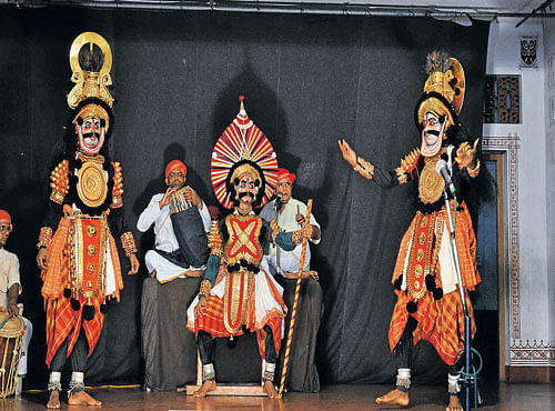 DANCE & DRAMA Students of Yakshagana Kendra,Udupi performing at a show.