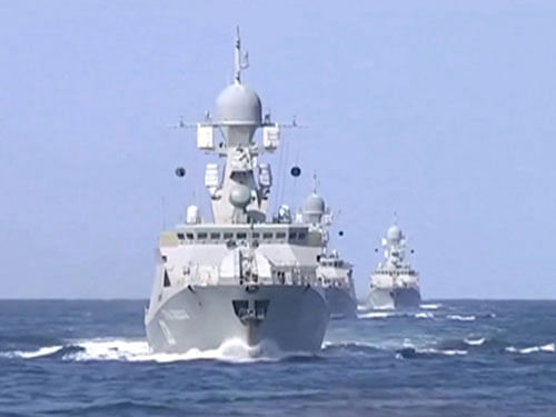 Frame grab shows shows Russian warships sailing in the Caspian Sea. Reuters Photo