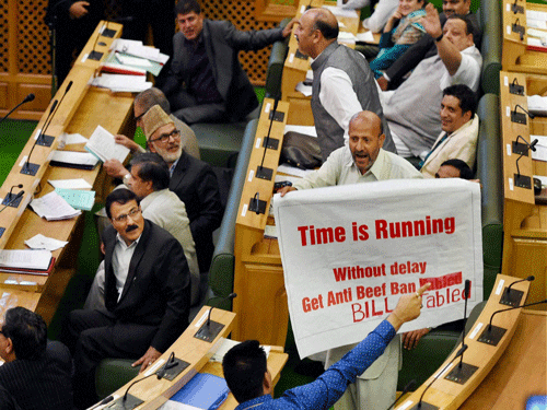 An Independent MLA Sheikh Abdul Rashid holding a banner demanding the passage of anti-beef-ban bill in the autumn session of the legislative assembly in Srinagar on Thursday. PTI Photo.