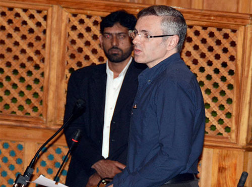 Former Chief Minister and Leader of Opposition Omar Abdullah addressing the autumn session of the Jammu and Kashmir legislative assembly in Srinagar on Friday. PTI Photo