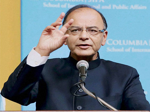 Finance Minister Arun Jaitley speaks at the inaugural ceremony of Deepak and Neera Raj Center on Indian Economic Policies at Columbia School of International and Public Affairs in New York. PTI Photo