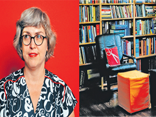 word quest: Lexicographer Erin McKean's home in Millbrae, California, (right) is filled with dictionaries and other reference books on words and language. McKean (left), started a campaign to create an online dictionary of