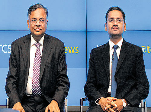TCS CEO and MD N Chandrasekaran (left) and CFO Rajesh Gopinathan during the company's Q2 results in Mumbai.