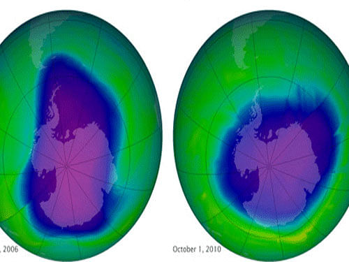 The ozone layer comprises a belt of ozone molecules located primarily in the lower stratosphere. It is responsible for absorbing most of the sun's harmful ultraviolet radiation before it reaches Earth's surface. AP file photo