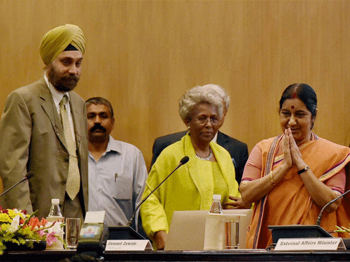 External affairs minister Sushma Swaraj with Ethiopian Ambassador, Genet Zewdie at the inauguration of 3rd India Africa Editor's Forum in New Delhi on Sunday. PTI